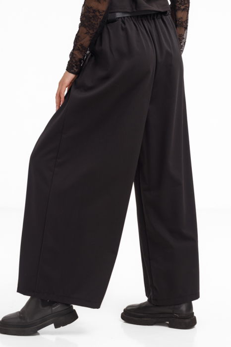 Pantaloni dama negri din stofa fina, palazzo, eleganti, cu talie inalta si curea [3]