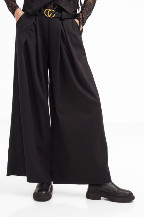 Pantaloni dama negri din stofa fina, palazzo, eleganti, cu talie inalta si curea