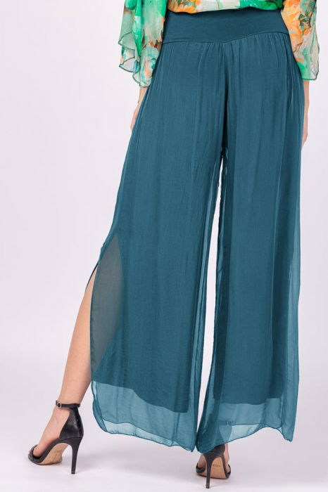 Pantaloni turcoaz inchis din matase si vascoza, cu crapaturi laterale [3]