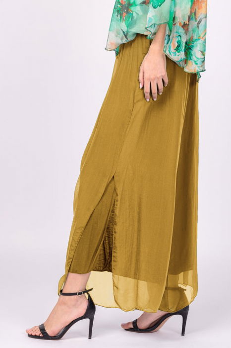 Pantaloni mustar din matase si vascoza, cu crapaturi laterale [2]