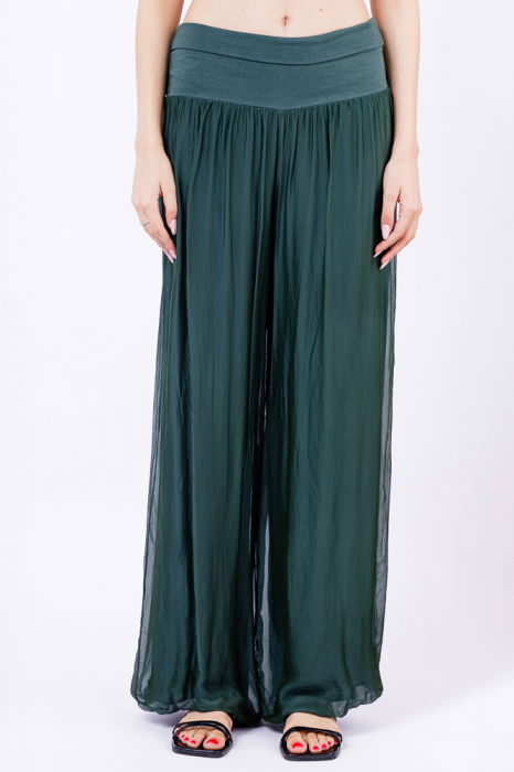 Pantaloni verde inchis din matase si vascoza,, tip salvari