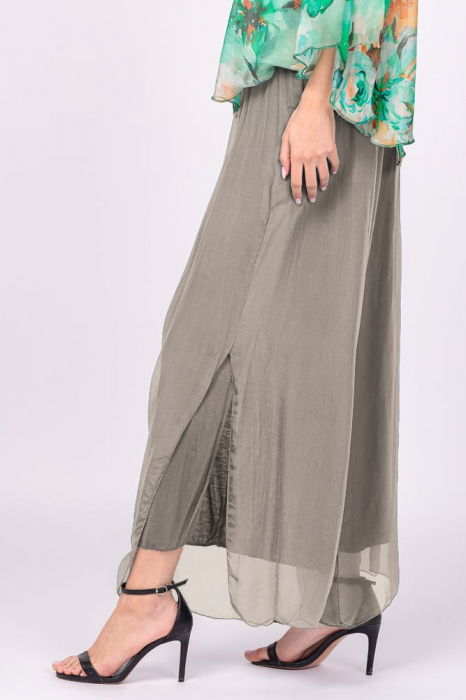 Pantaloni bej inchis din matase si vascoza, cu crapaturi laterale [2]