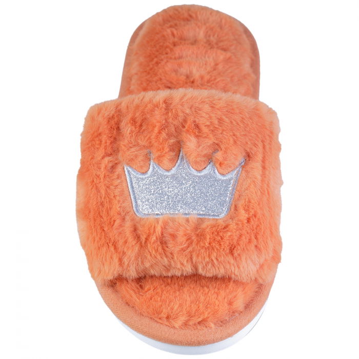 Papuci de casa portocalii cu coronita argintie brodata [2]