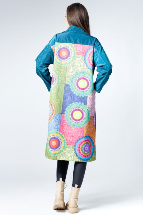 Pardesiu lung din fas turcoaz si imprimeu cu mandale pe spate [4]