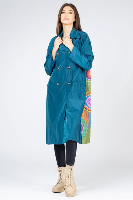Pardesiu lung din fas turcoaz si imprimeu cu mandale pe spate [5]