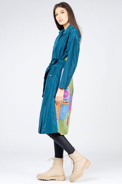 Pardesiu lung din fas turcoaz si imprimeu cu mandale pe spate [3]