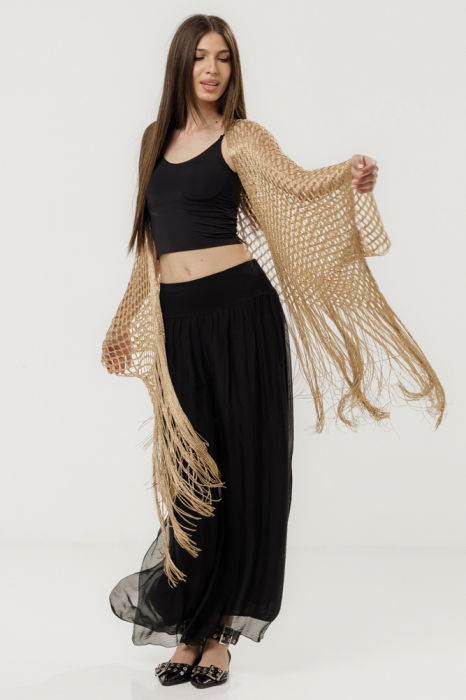 Poncho bej din plasa cu fir auriu si franjuri lungi [6]