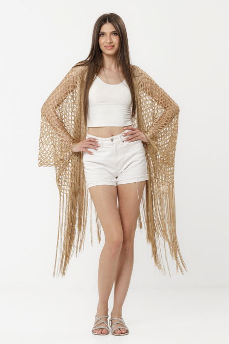 Poncho bej din plasa cu fir argintiu si franjuri lungi [7]