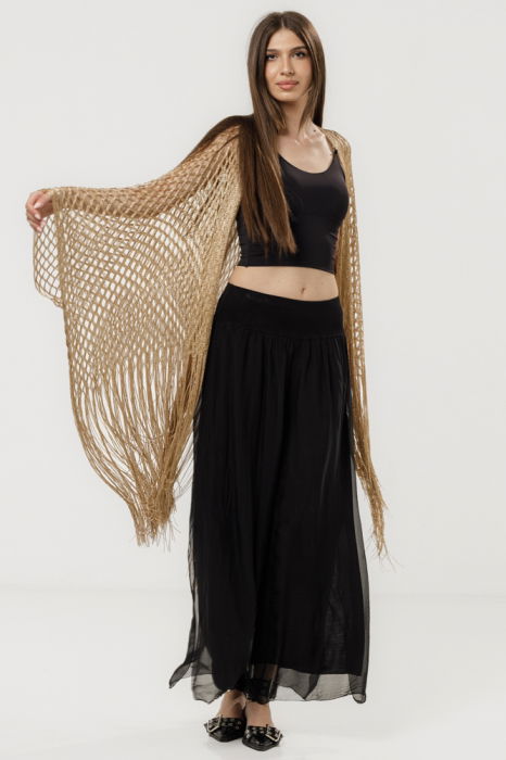 Poncho bej din plasa cu fir argintiu si franjuri lungi [5]