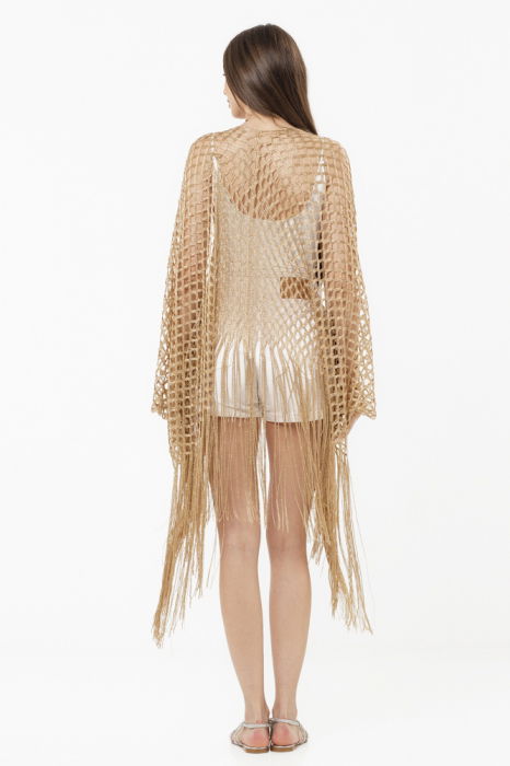 Poncho bej din plasa cu fir auriu si franjuri lungi [9]