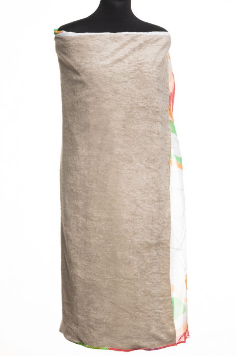 Pareo de plaja cu doua fete, cu flori portocalii, mov, verde si prosop bej pe verso [2]