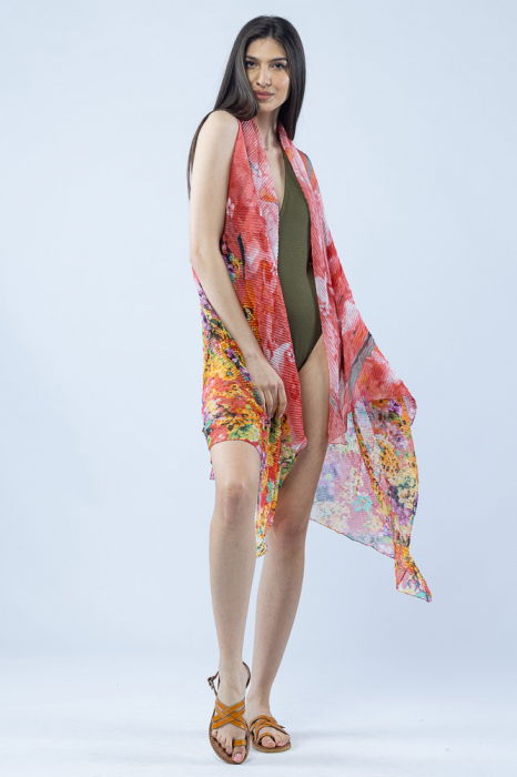 Pareo plaja din material plisat matasos si usor, imprimeu floral multicolor pe fond corai [2]