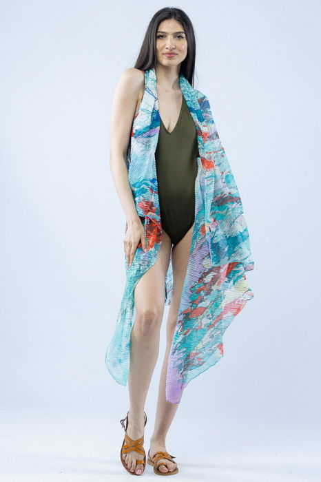 Pareo plaja din material plisat matasos si usor, in nuante de turcoaz si corai [2]