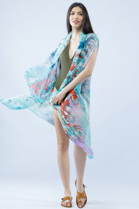 Pareo plaja din material plisat matasos si usor, in nuante de turcoaz si corai [3]