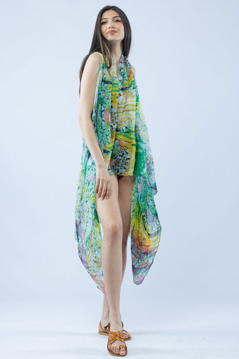 Pareo plaja din material plisat matasos si usor, imprimeu marmorat verde si galben [3]