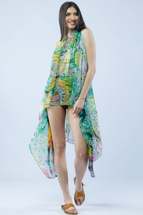 Pareo plaja din material plisat matasos si usor, imprimeu marmorat verde si galben [2]