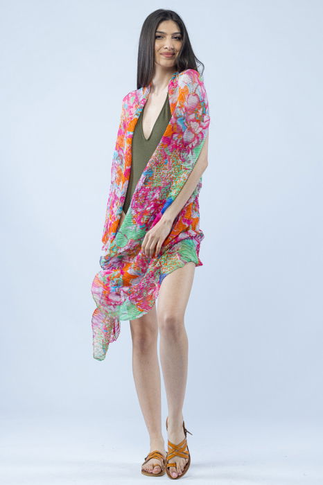Pareo plaja din material plisat matasos si usor, imprimeu floral fucsia, portocaliu si verde [2]