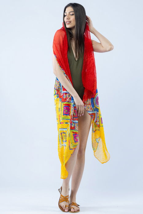 Pareo plaja din material plisat matasos si usor, imprimeu geometric multicolor pe galben si rosu [2]
