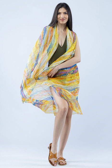 Pareo plaja din material plisat matasos si usor, imprimeu pictural galben, portocaliu si mov [2]