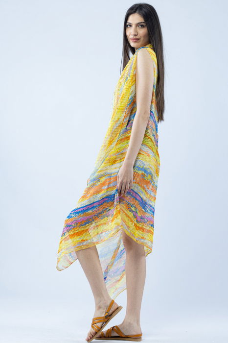 Pareo plaja din material plisat matasos si usor, imprimeu pictural galben, portocaliu si mov [3]
