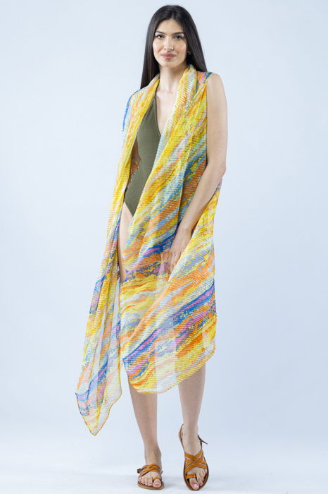Pareo plaja din material plisat matasos si usor, imprimeu pictural galben, portocaliu si mov [5]