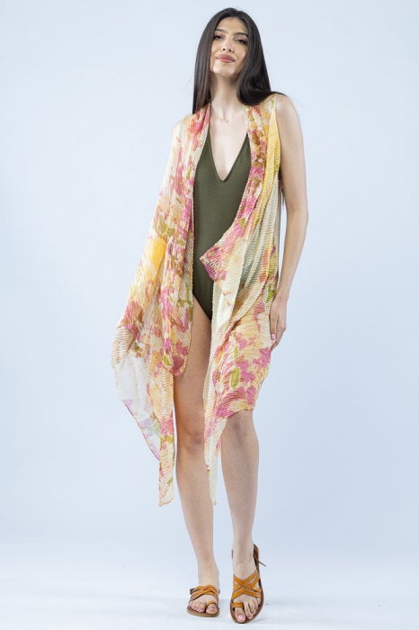 Pareo plaja din material plisat matasos si usor, imprimeu pastelat galben si roz pe fond bej [2]