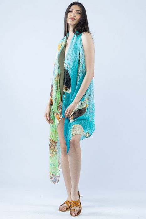 Pareo plaja din material plisat matasos si usor, in nuante de turcoaz si verde [2]