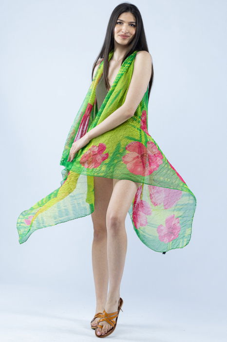 Pareo plaja din material plisat matasos si usor, in nuante exotice de verde si fucsia [2]