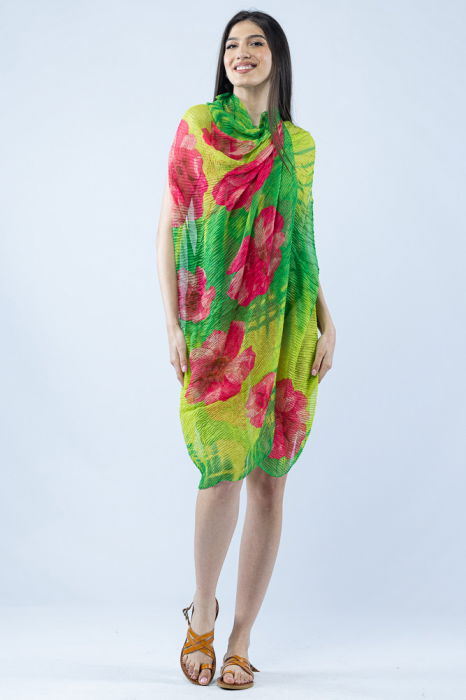 Pareo plaja din material plisat matasos si usor, in nuante exotice de verde si fucsia [4]