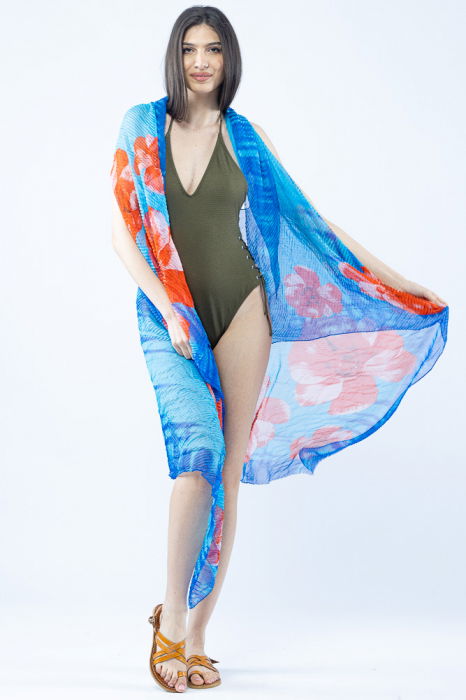 Pareo plaja din material plisat matasos si usor, in nuante exotice de albastru si corai [2]