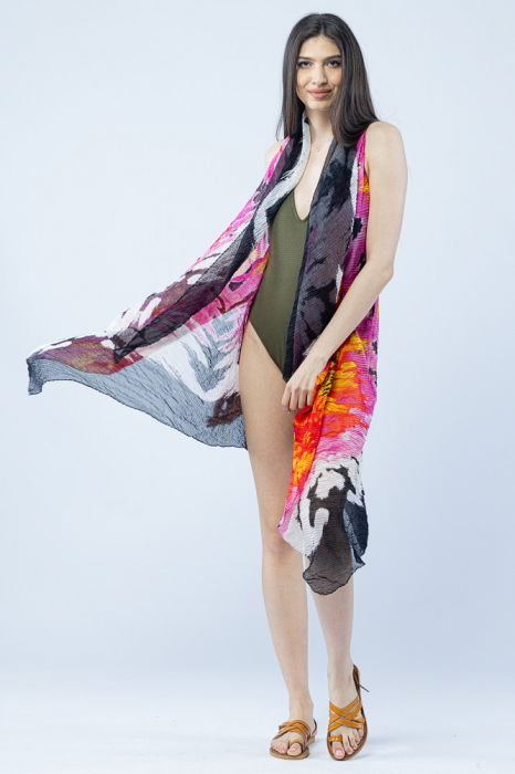 Pareo plaja din material plisat matasos si usor, motive florale fucsia cu portocaliu [5]