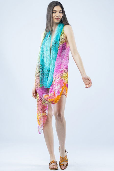 Pareo plaja din material plisat matasos si usor, motive animal print albastre si mov [2]