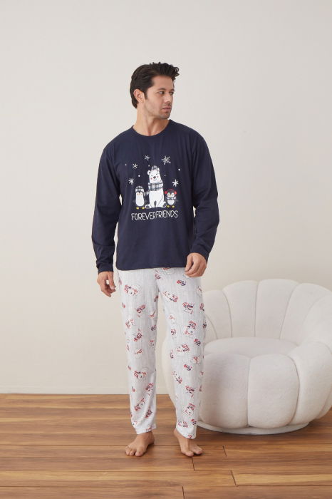 Pijama barbati de Craciun din bumbac, doua piese cu prietenii lui Mos Craciun [1]