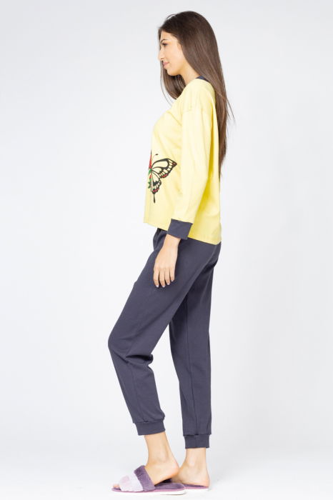 Pijama din tricot plin,de bumbac,doua piese cu fluture, galben-gri [2]