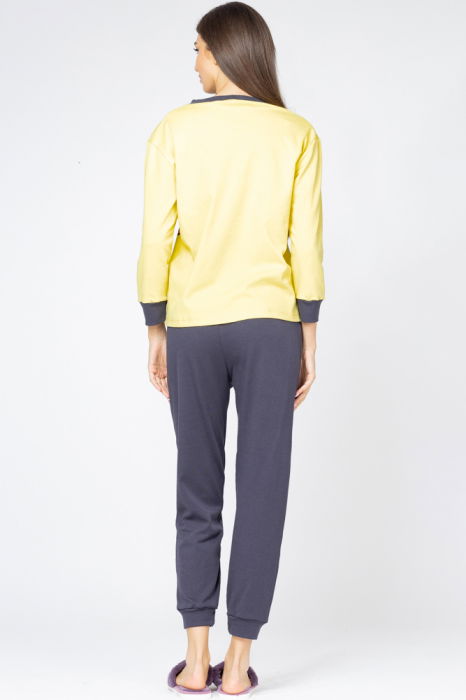 Pijama din tricot plin,de bumbac,doua piese cu fluture, galben-gri [3]