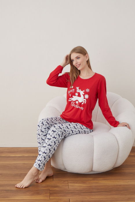 Pijama de Craciun din bumbac, doua piese cu renul lui Mos Craciun [3]