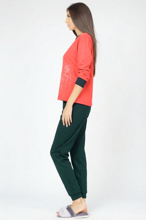 Pijama din tricot de bumbac, doua piese cu floare, rosu - bleumarin [2]