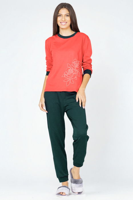 Pijama din tricot de bumbac, doua piese cu floare, corai - turcoaz inchis [1]