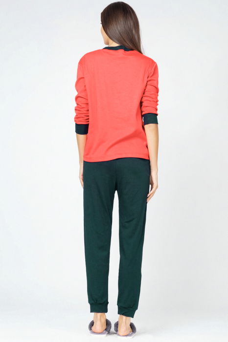 Pijama din tricot de bumbac, doua piese cu floare, corai - turcoaz inchis [3]