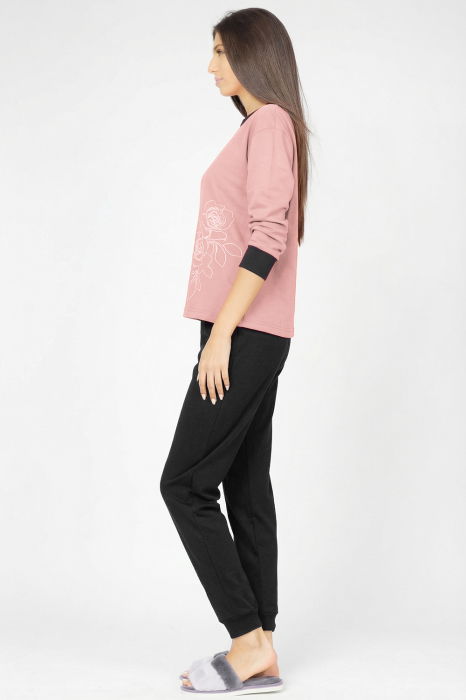 Pijama din tricot de bumbac, doua piese cu floare, roz prafuit - negru [2]