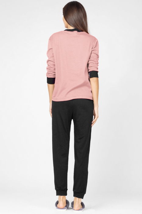 Pijama din tricot de bumbac, doua piese cu floare, roz prafuit - negru [3]