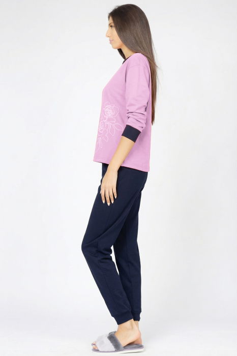 Pijama din tricot de bumbac, doua piese cu floare, lila - bleumarin [2]