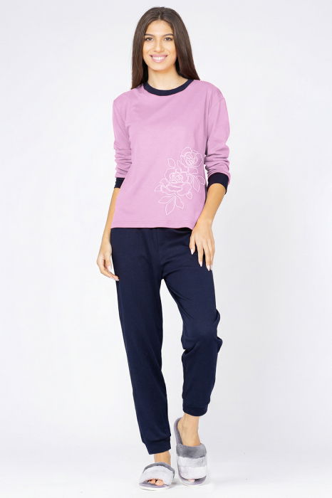 Pijama din tricot de bumbac, doua piese cu floare, lila - bleumarin [1]