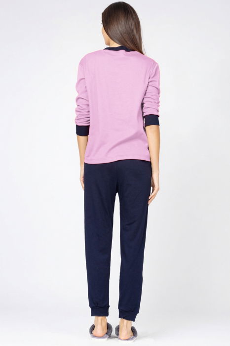 Pijama din tricot de bumbac, doua piese cu floare, lila - bleumarin [3]