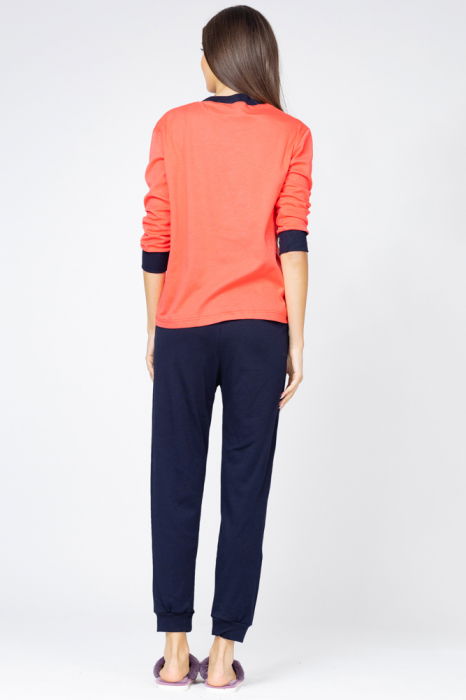 Pijama din tricot plin,de bumbac,doua piese cu fluture, corai - negru [3]