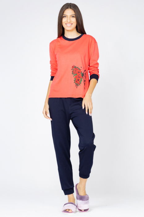 Pijama din tricot plin,de bumbac,doua piese cu fluture, corai - negru [1]