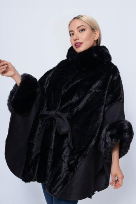 Poncho elegant negru, cu blana artificiala si cordon