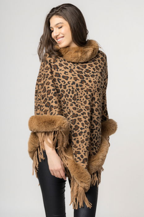Poncho animal print camel, de oras, tivit cu blana [3]
