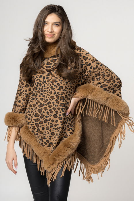 Poncho animal print camel, de oras, tivit cu blana [2]