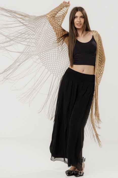 Poncho bej din plasa cu fir argintiu si franjuri lungi [10]